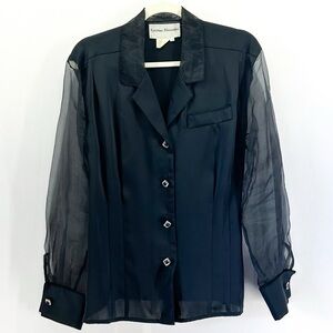 Vintage Black Satin Sheer Organza Sleeve Evening Blouse Rhinestone Buttons